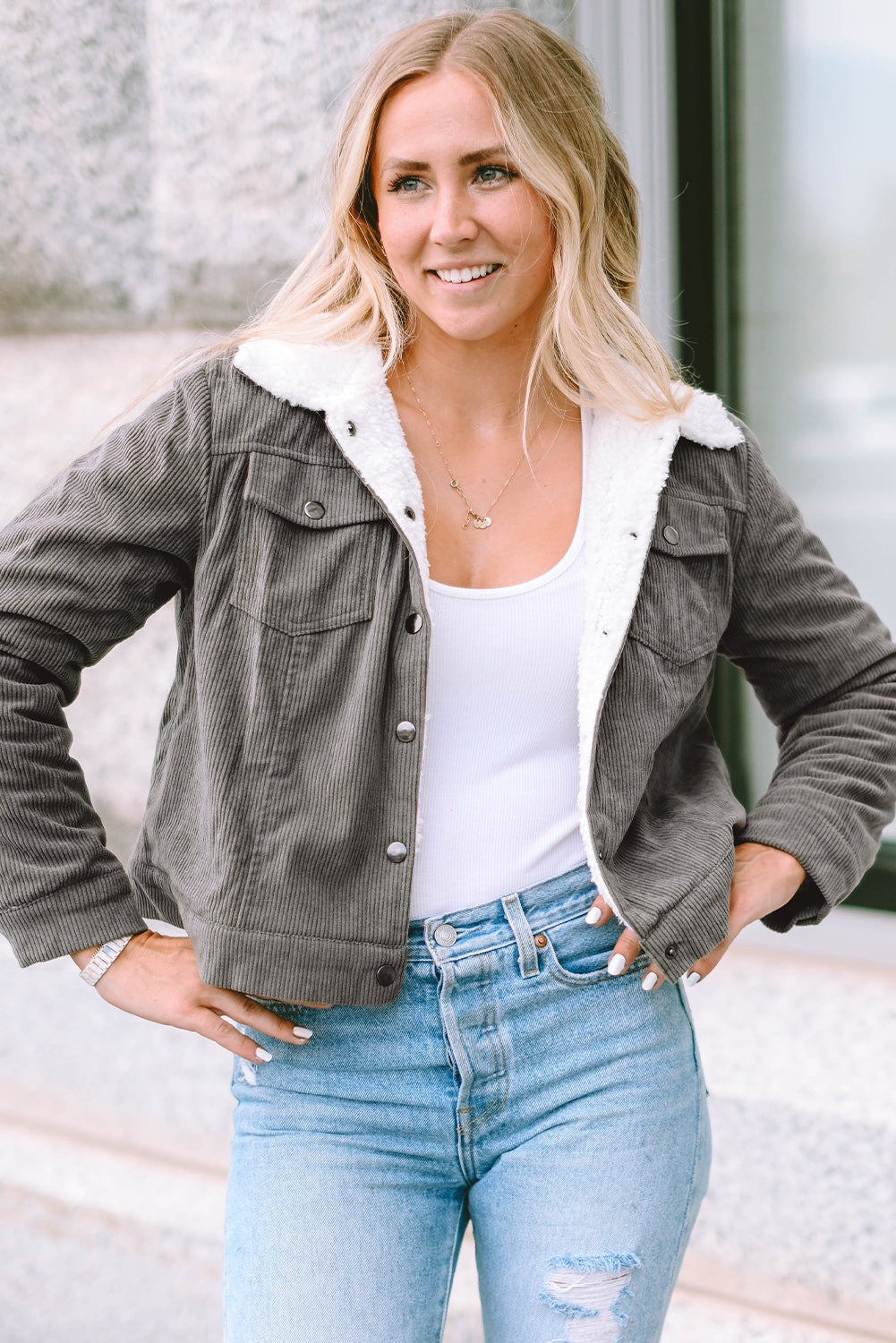 Women's Corduroy Jacket - Cropped Fit - Faux Shearling Collar - Button Closure