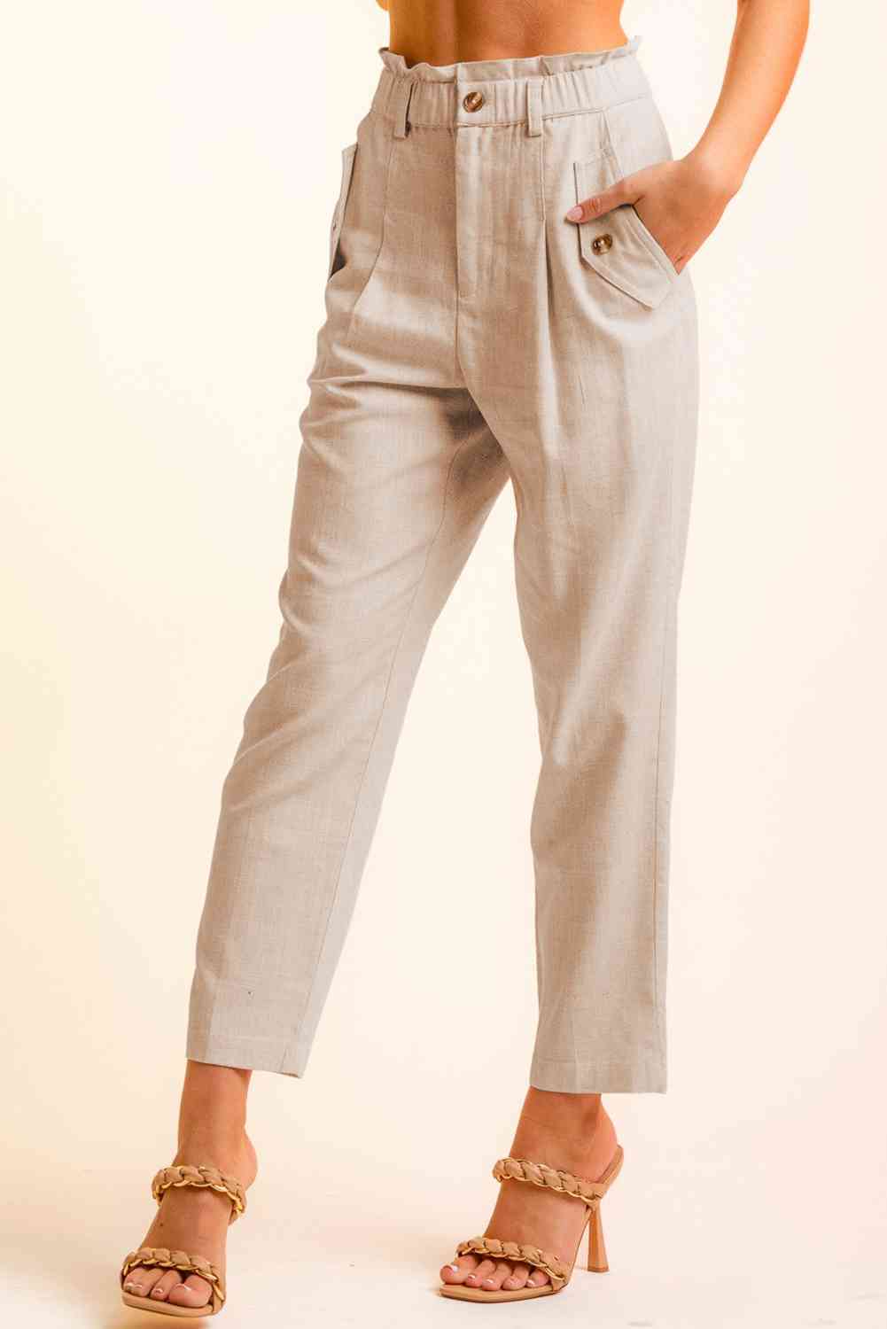 Women’s Cropped Pants – High Waist Paperbag Style – Button Detail – Tapered Fit Casual Wear