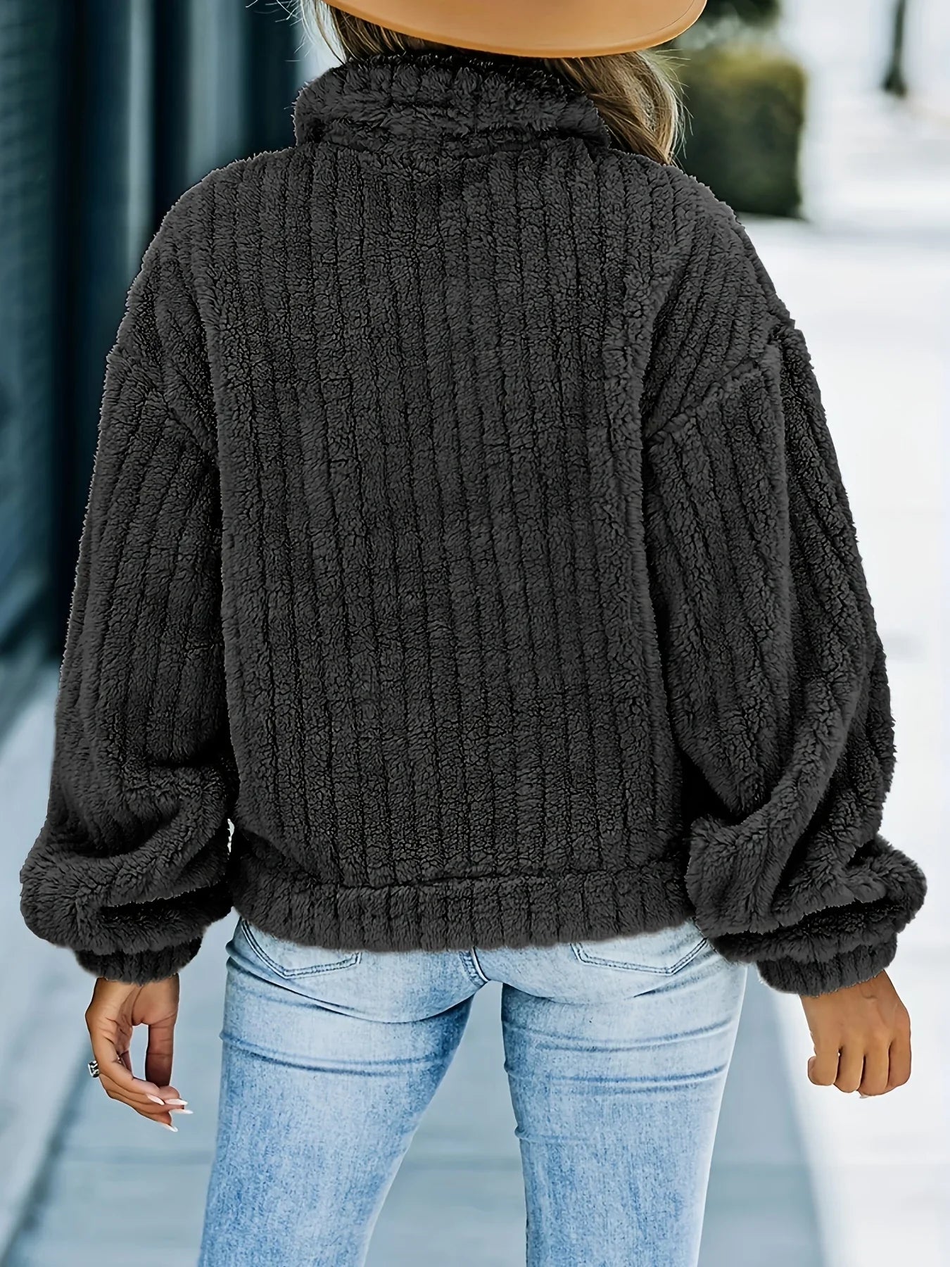 Women's thick ribbed plush lapel coat with pockets