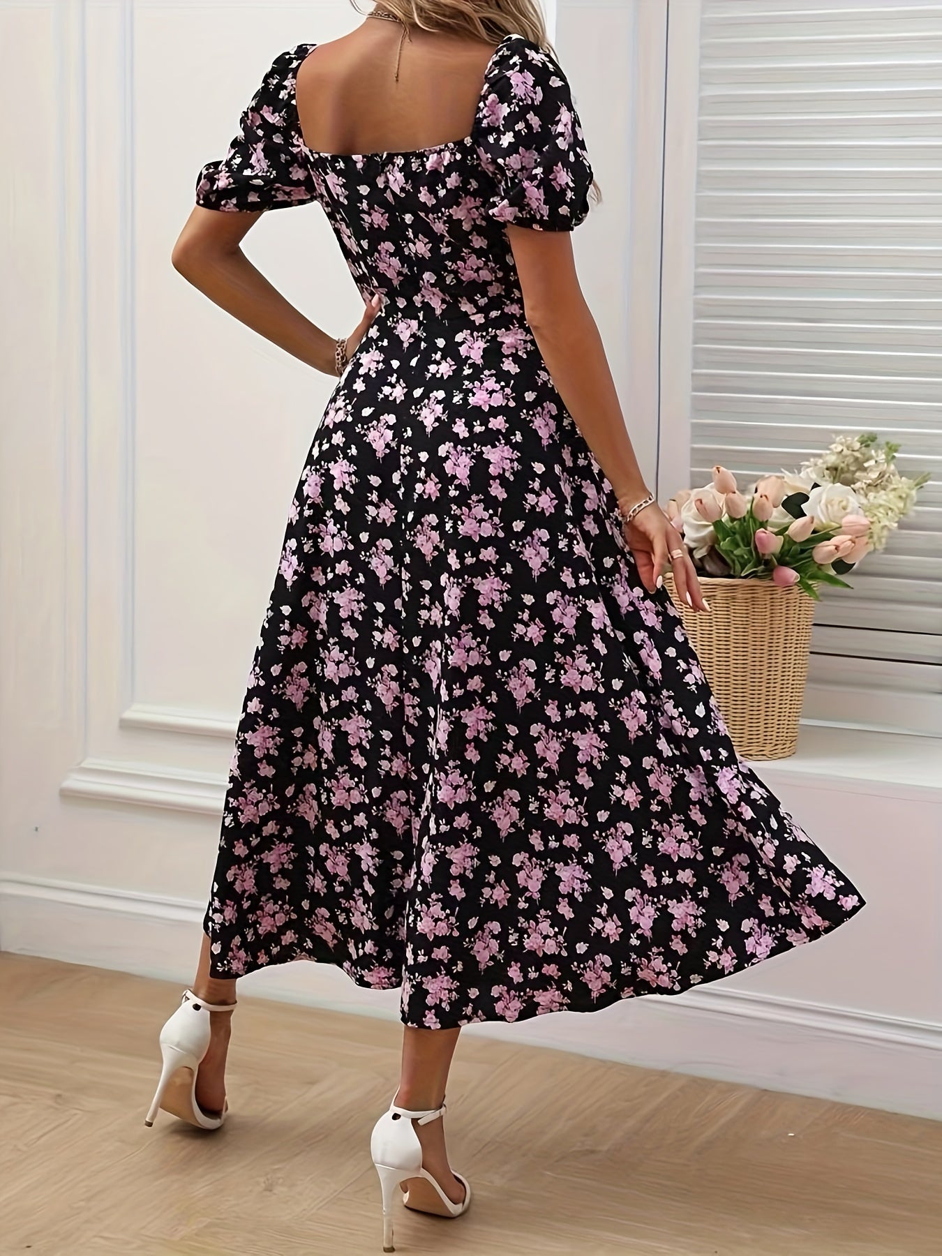 Elegant Floral Print Slim Fit Slit Dress
