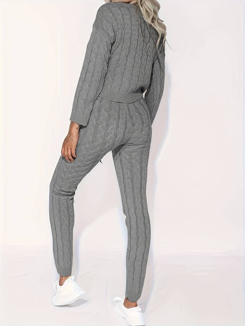 Women's Knit Sweater Set - Cable Knit - Oversized Off-Shoulder Sweater & Slim Pants