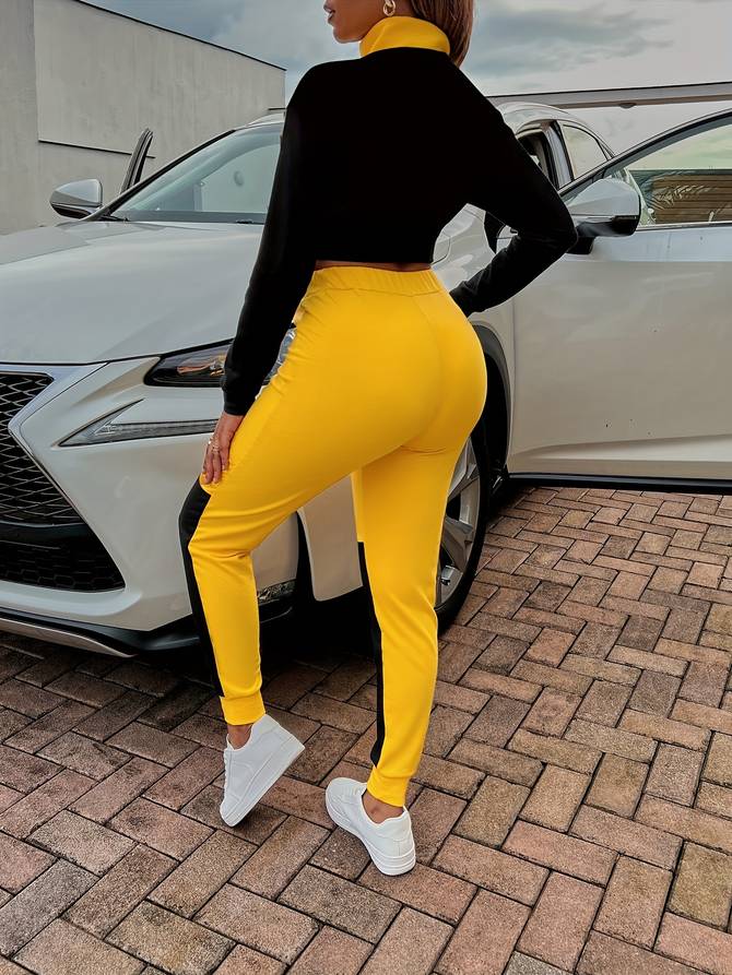 Women's Athletic Tracksuit - Cropped Zip Jacket & High-Waist Tapered Pants