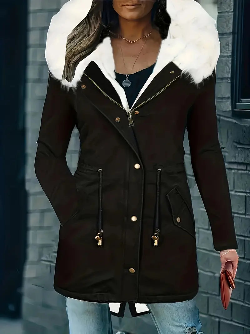 Women's hooded cotton coat with fur collar and waist tie