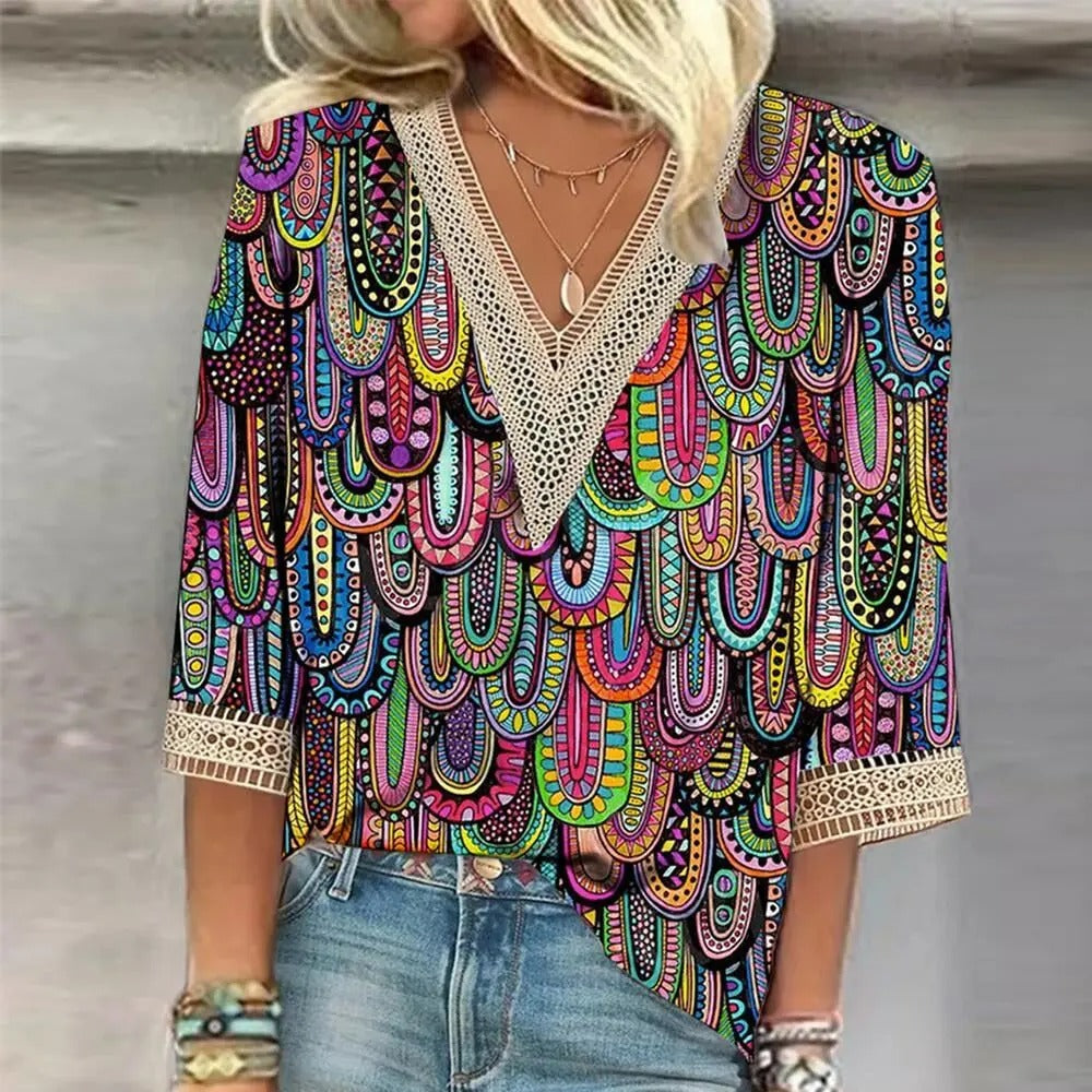 Women's V-Neck Blouse - Lace Trim - Three-Quarter Sleeve - Relaxed Fit Elegant Style