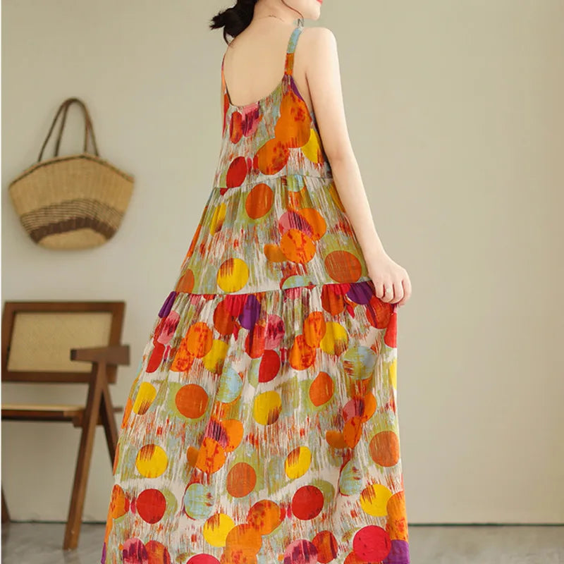 Women's Maxi Dress - Sleeveless Flowing Fit - Spaghetti Straps - Tiered Casual Wear