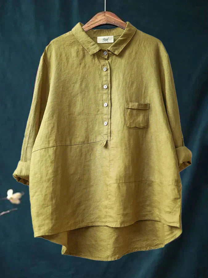 Women's Linen Shirt - Relaxed Fit - Long Sleeve - Half Button Casual Collared Top
