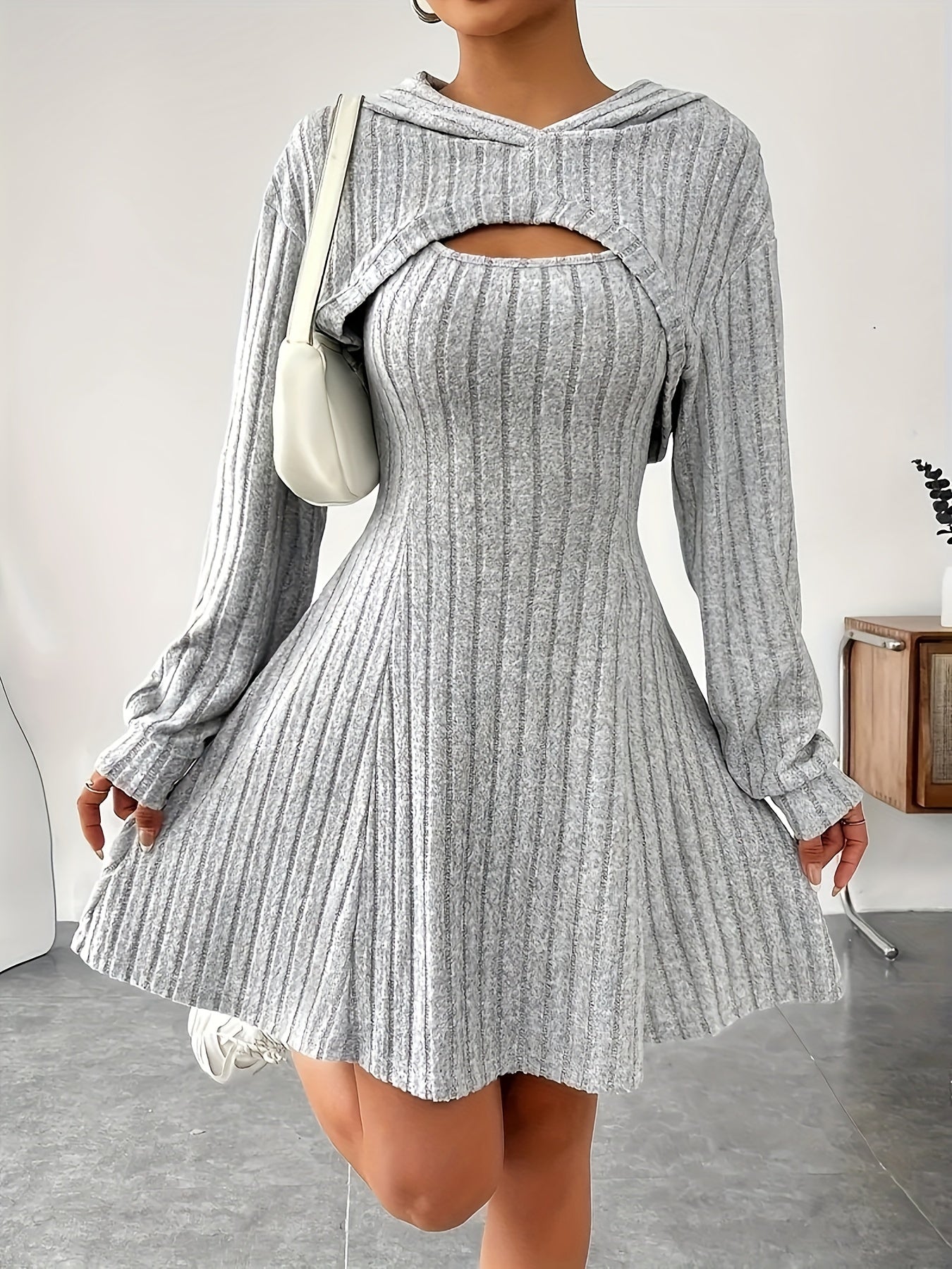 Two-piece ribbed knit skater dress with cropped hooded cardigan for women
