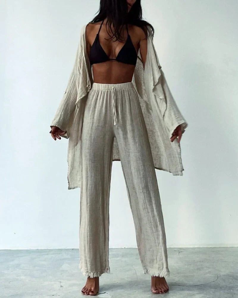 Women's Lounge Set - Lightweight Linen Blend - Open-Front Cardigan & Wide-Leg Pants