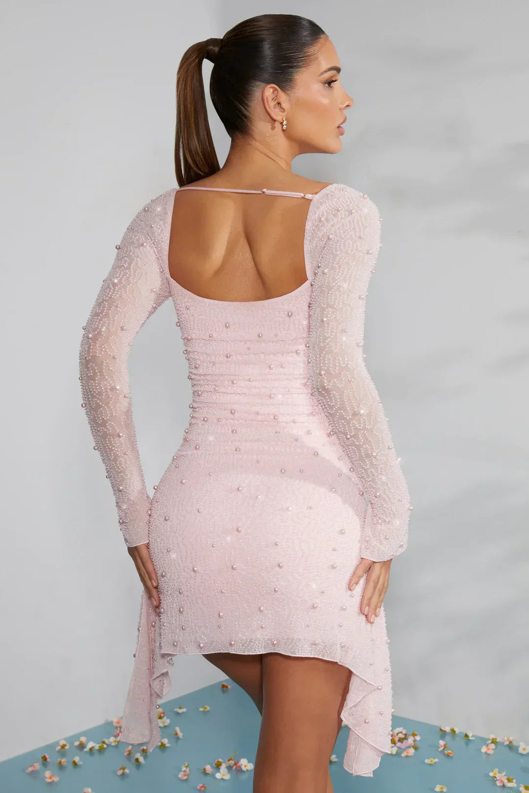 Women’s Mini Dress – Fitted Ruched Body – Sheer Embellished Long Sleeves – Square Neck