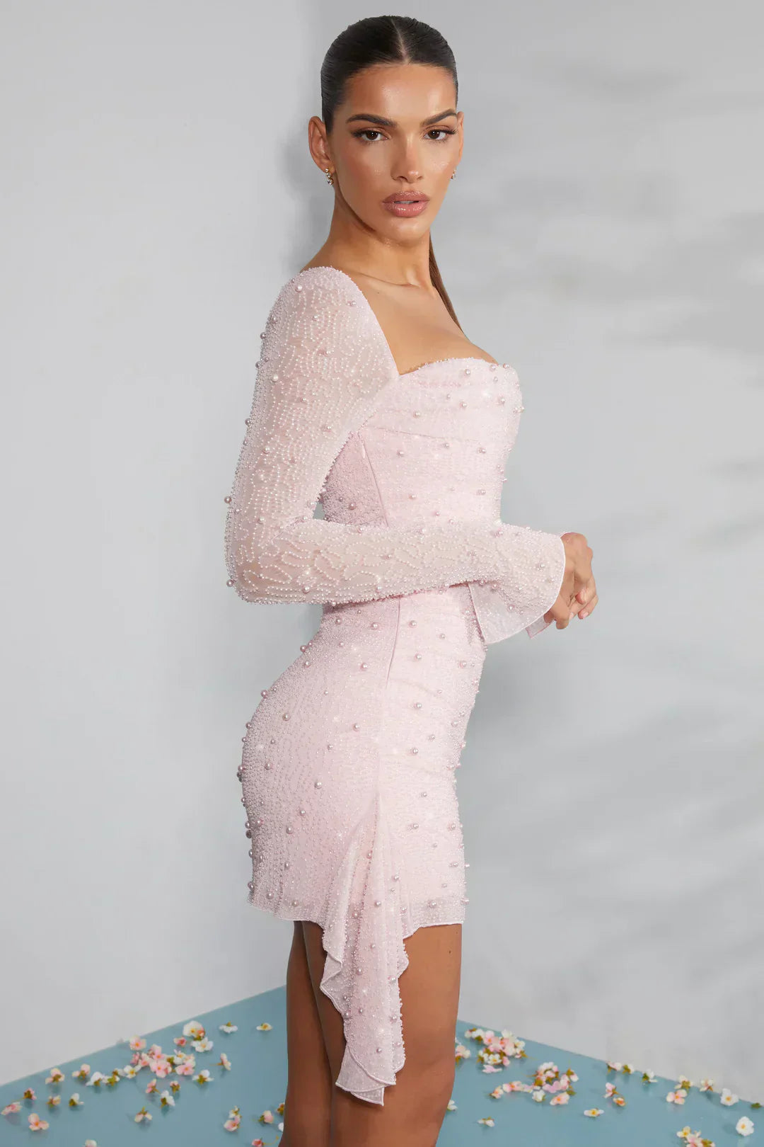 Women’s Mini Dress – Fitted Ruched Body – Sheer Embellished Long Sleeves – Square Neck