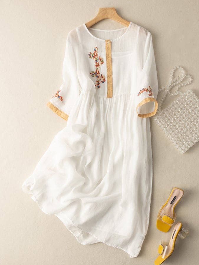 Women's Embroidered Dress - Midi Length - Three-Quarter Sleeve - Relaxed Fit