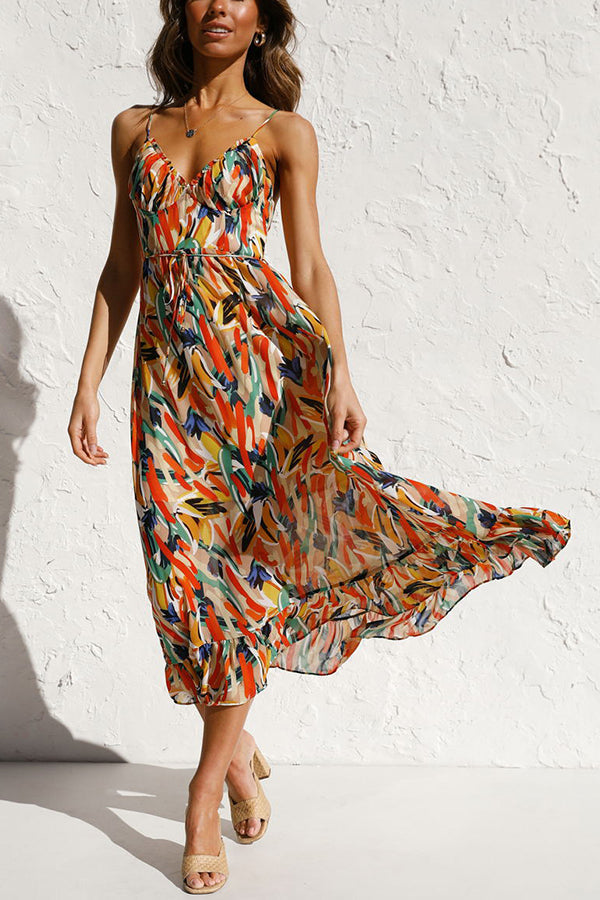 Women's Maxi Dress - Abstract Print - Plunging V-Neck - Spaghetti Straps - Flowing Fit