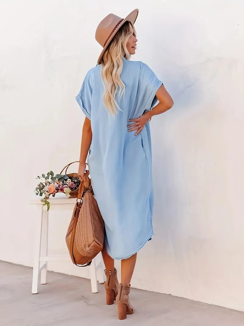 Relaxed Fit Button-Up Midi Shirt Dress