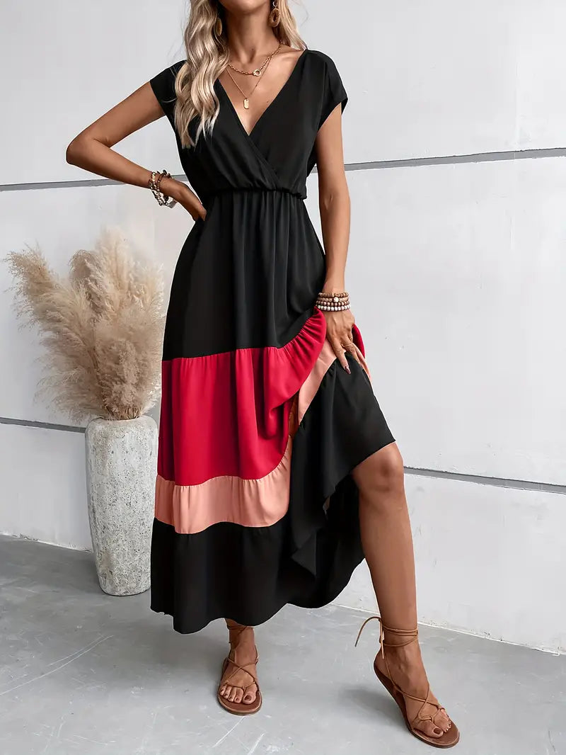 Women's Maxi Dress - V-Neck Short Sleeve - Cinched Waist Flowing Fit - Asymmetrical Hem