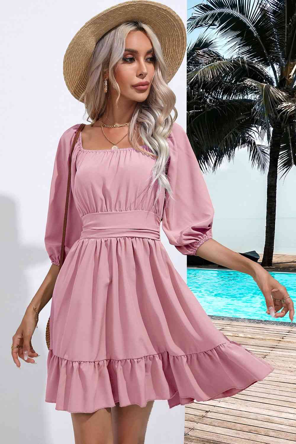 Women's A-Line Dress - Square Neck - 3/4 Sleeve - Ruched Bodice - Tiered Hem