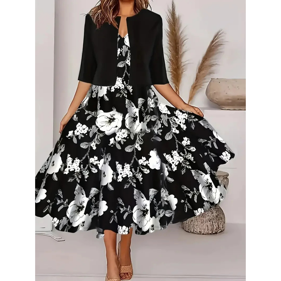 Women’s Long Dress – Fit and Flare – Keyhole Neck – Bold Floral Print – Breathable Blend