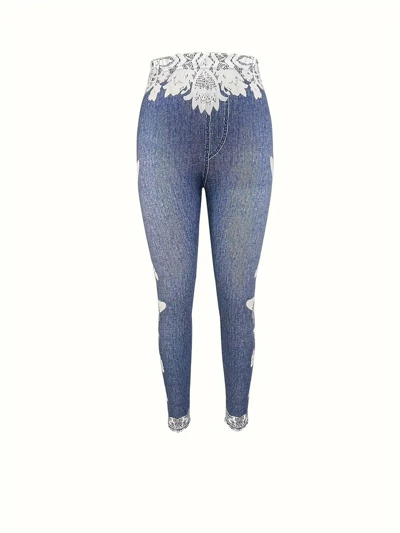 Women's Leggings - Denim Print Stretch Fit - High Waist - Lace Cuff Butterfly Detail