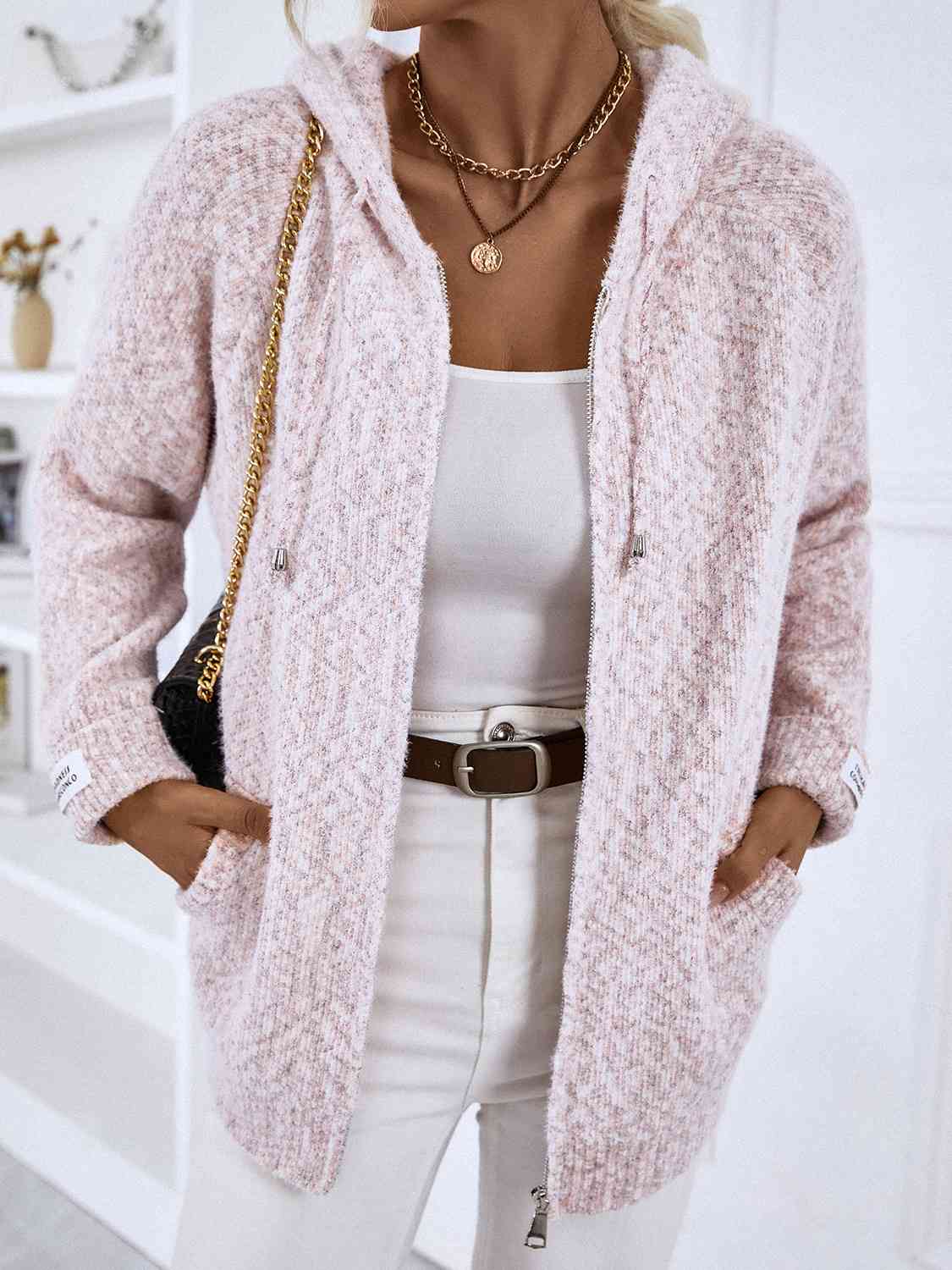 Women’s Hooded Cardigan – Knit Fabric – Relaxed Fit – Zip Closure – Long Sleeve Casual Wear