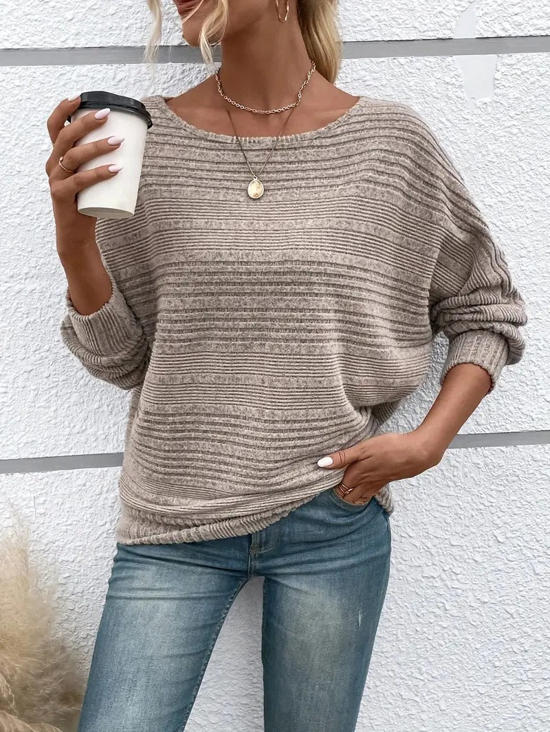 Women’s Knitted Sweater - Relaxed Fit - Drop Shoulder - Ribbed Texture - Bateau Neckline