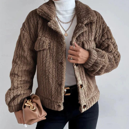Women's Textured Button-Up Jacket - Knitted Fabric - Relaxed Fit - Casual Wear