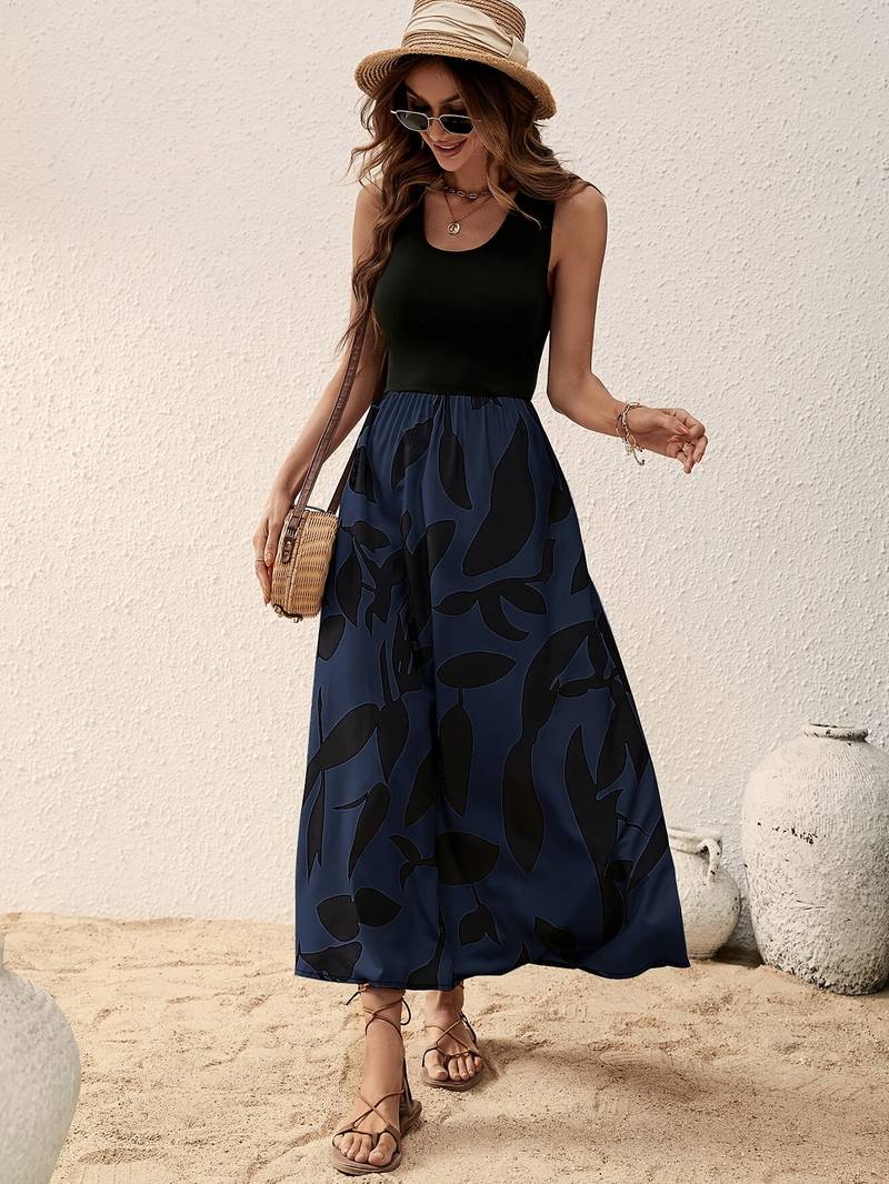 Flowy Botanical Print Sleeveless Maxi Dress