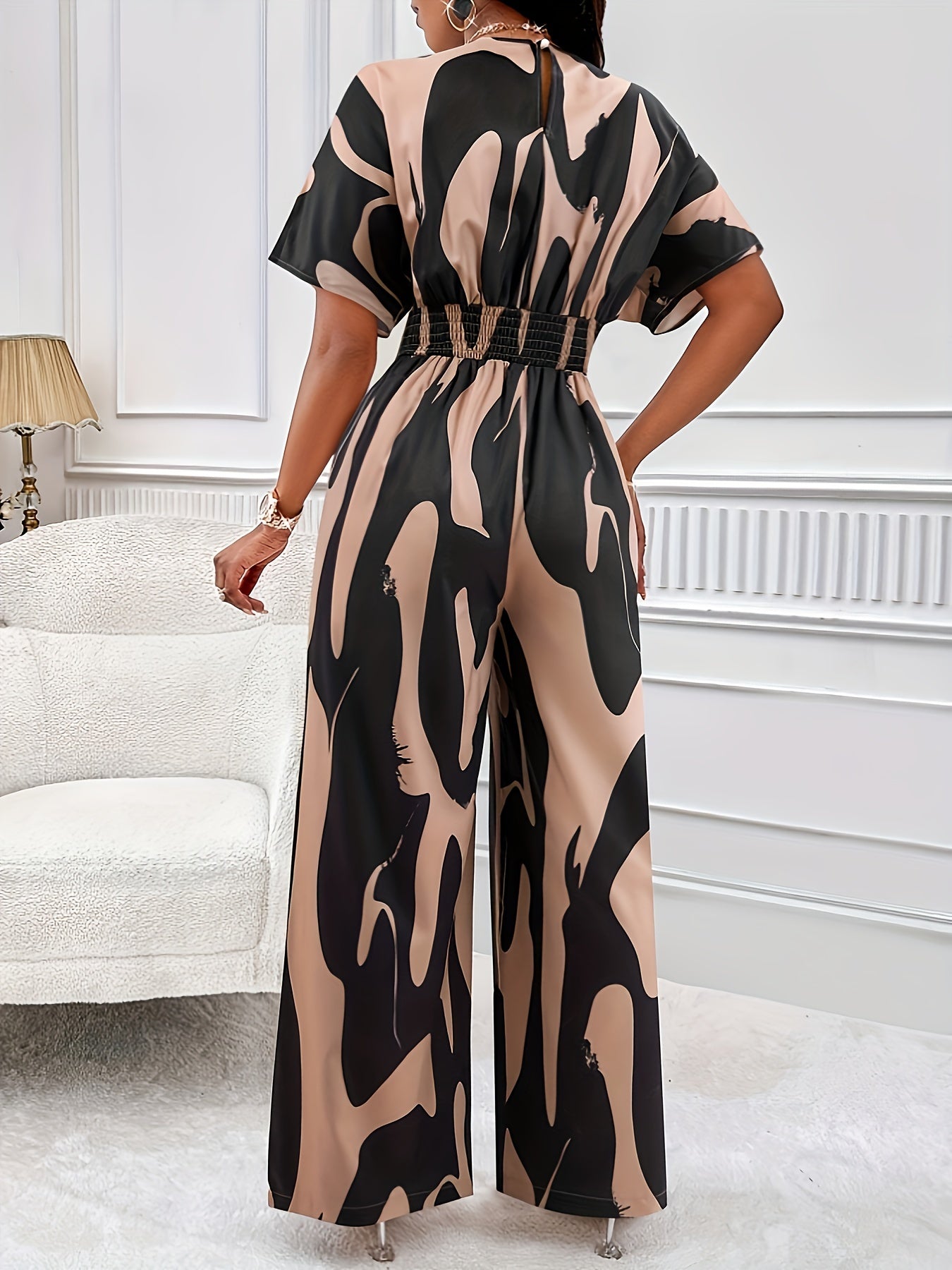 Women's Jumpsuit - V-Neck Short Sleeve - Wide Leg Flowy Fit - Stylish Abstract Print