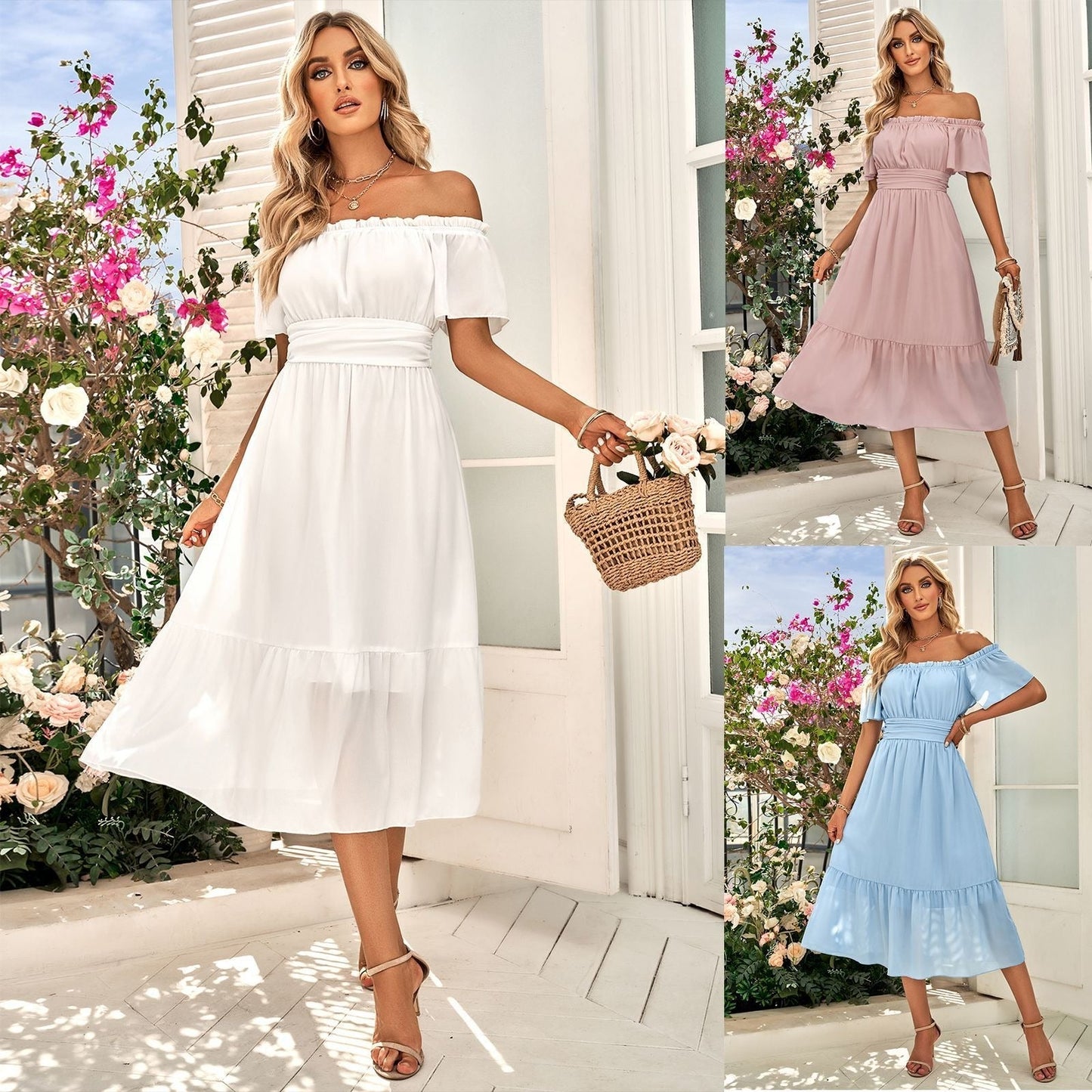 Women's Off-Shoulder Dress - Cinched Waist - Ruffled Hem - Lightweight Elegant Fit