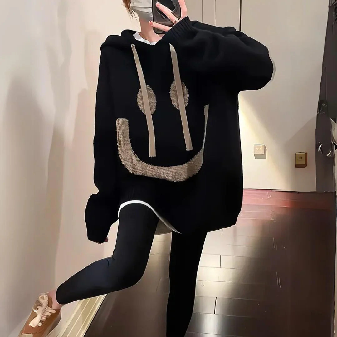 Women’s Hoodie – Knit Oversized Fit – Graphic Smiley Face – Long Casual Pullover
