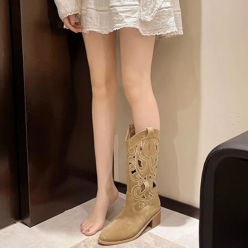 Women's stylish suede western cowboy boots with cut-outs
