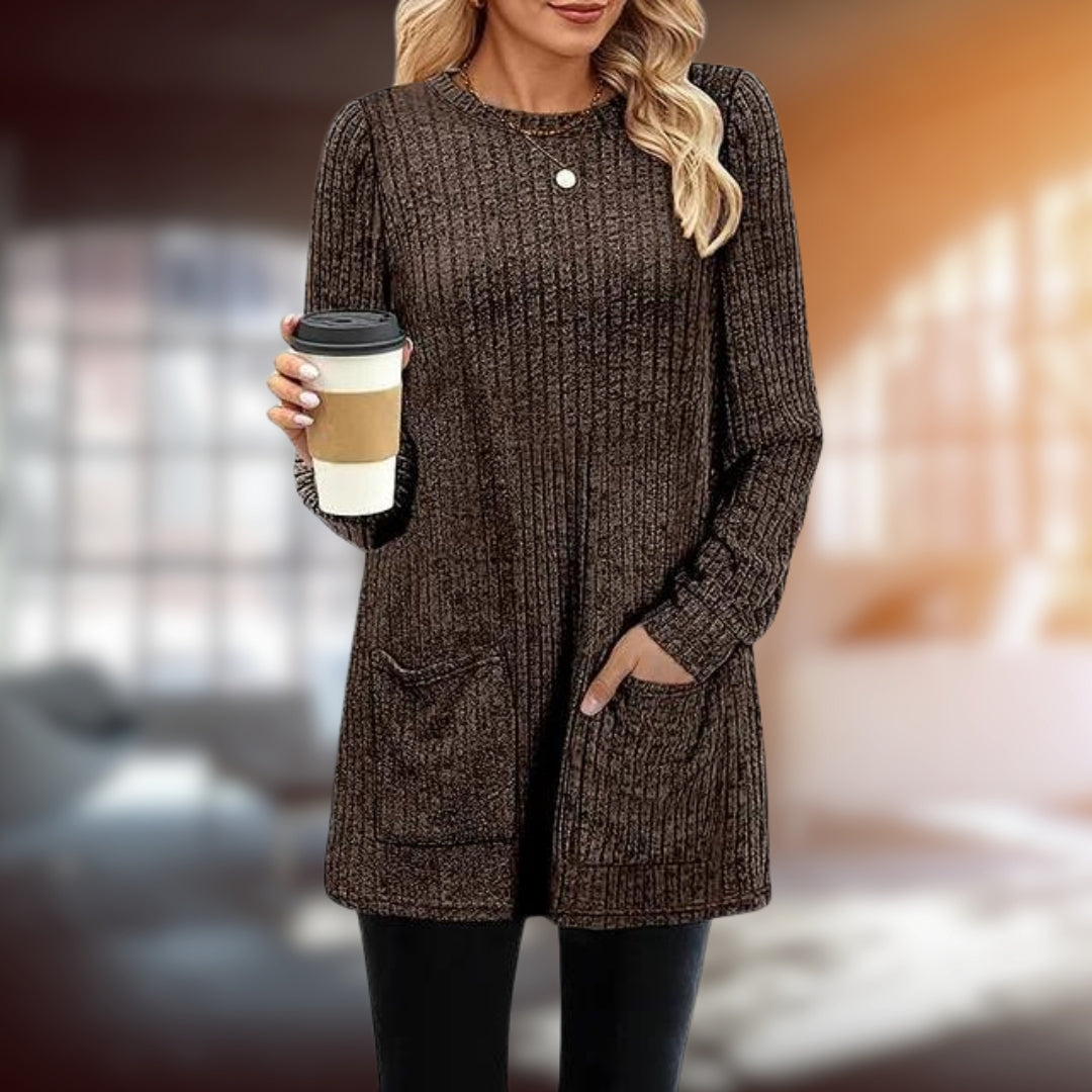 Women's mid-length knit round neck with pockets sweater