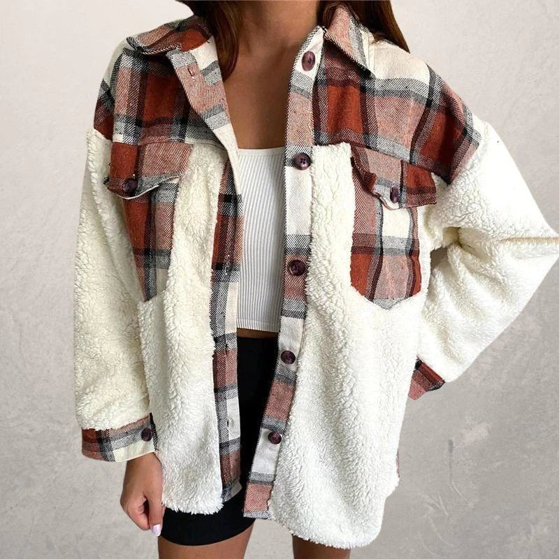 Women's plaid fluffy winter jacket coat