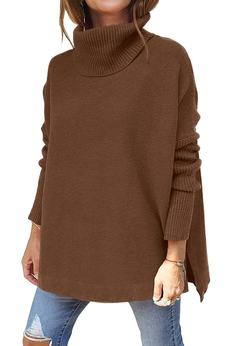 Women's mid-length high neck bat sleeve pullover sweater