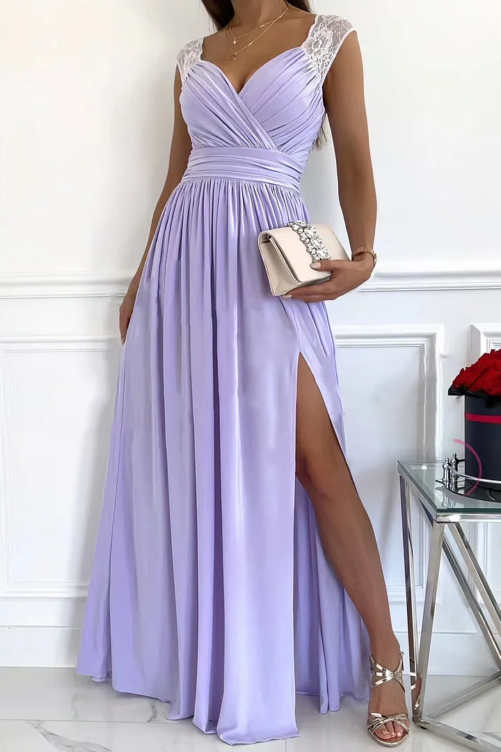 Women’s Evening Gown - Sleeveless V-Neck - Lace Shoulder Accents - High Slit Elegant Fit
