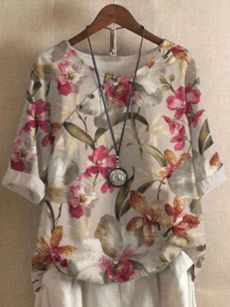Women’s Blouse – Relaxed Fit – Round Neck – Mid Sleeve – Floral Print – Breathable Blend