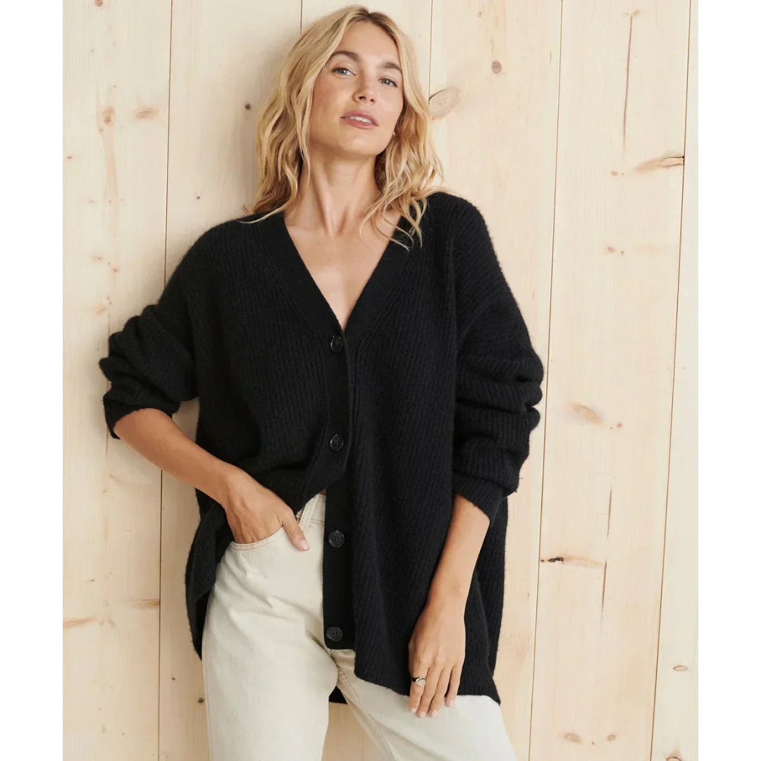 Women’s Long Knit Cardigan – Relaxed Fit – Wool Blend – V-Neck – Ribbed – Button Front