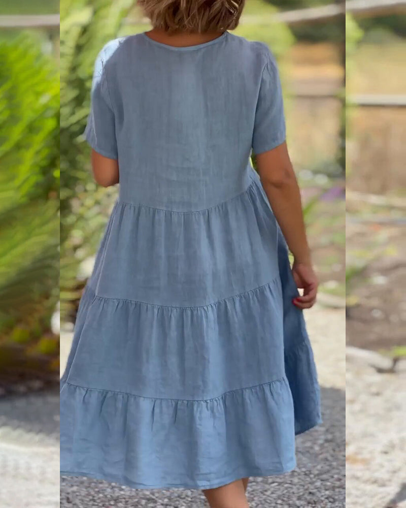 Women's Casual Midi Dress - V-Neck - Short Sleeve - Loose Fit Tiered Design