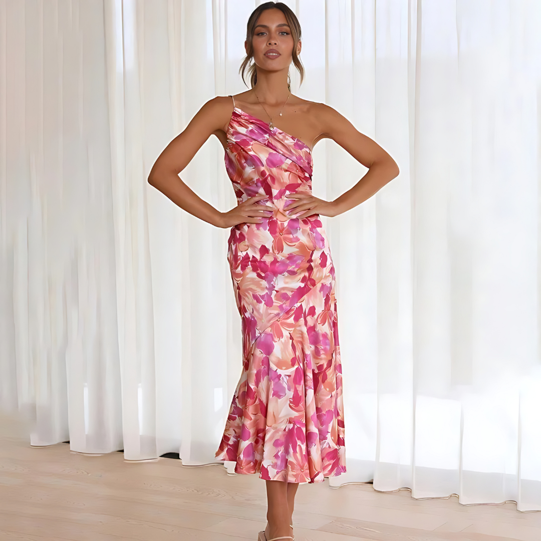 Women's One-Shoulder Dress - Floral Print - Midi Length - Elegant A-Line Fit