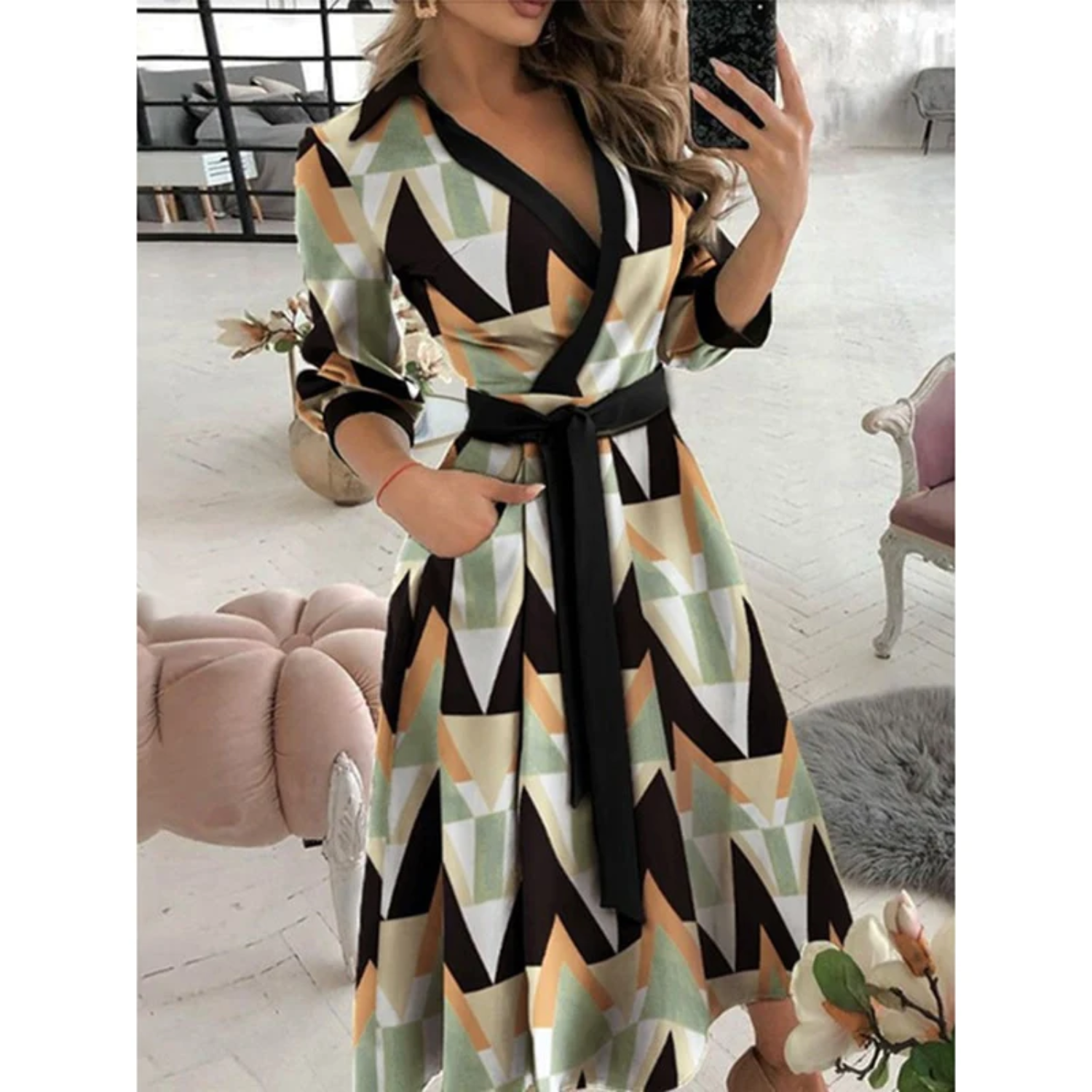 Geometric Print Elegant Fit Wrap Dress