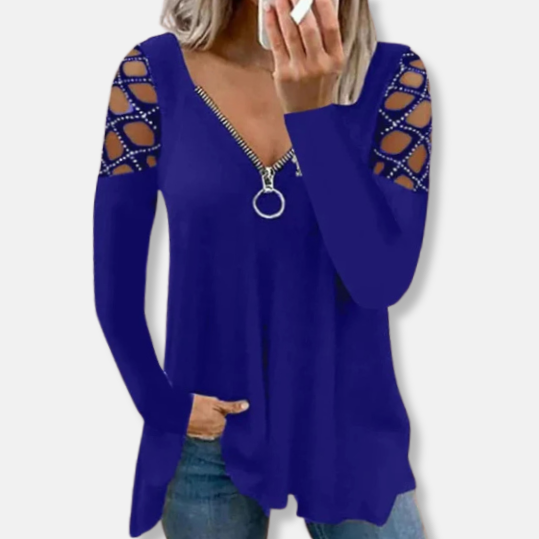 Isabella Tunic Top | V-Neck Zipper Long Sleeve Tunic Top