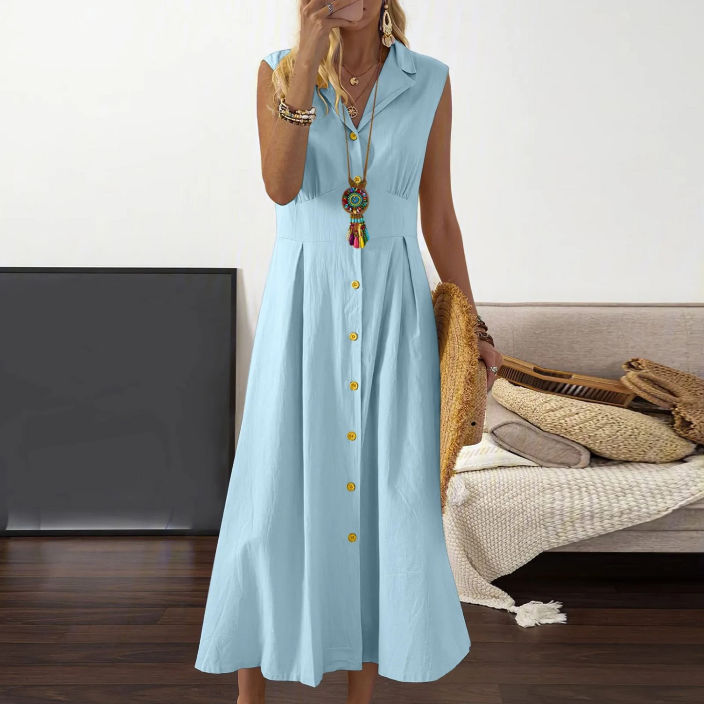 Women’s Button-Down Midi Dress - Collared V-Neck - Sleeveless A-Line Silhouette