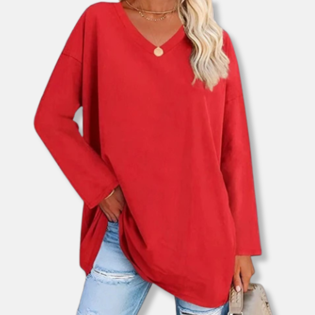 Florence Cotton Oversized V-Neck Tunic Top | Side Slits Curved Hem Tunic Top