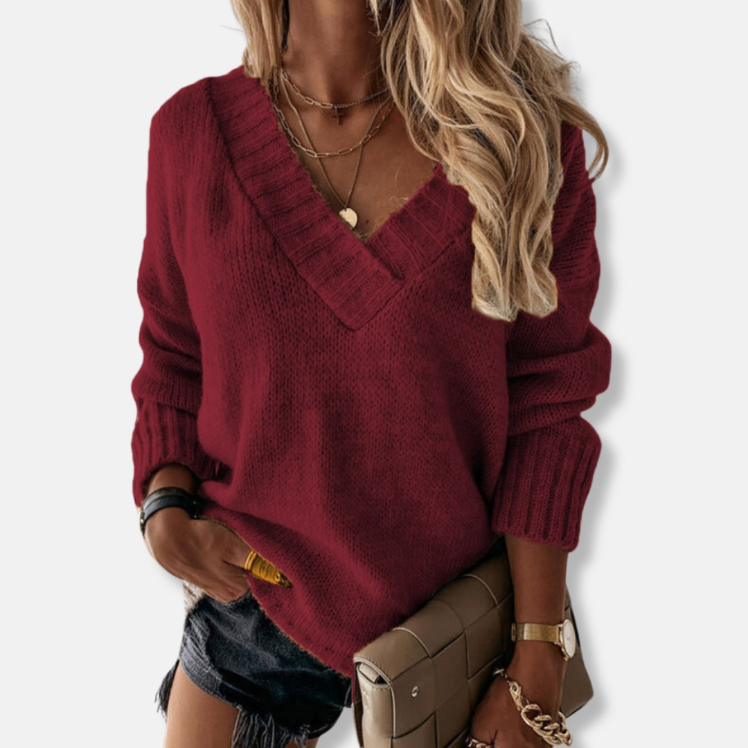 Relaxed Fit Ribbed V-Neck Knit Sweatshirt