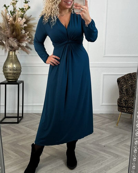 Ruched Waist Flowy V-Neck Midi Dress