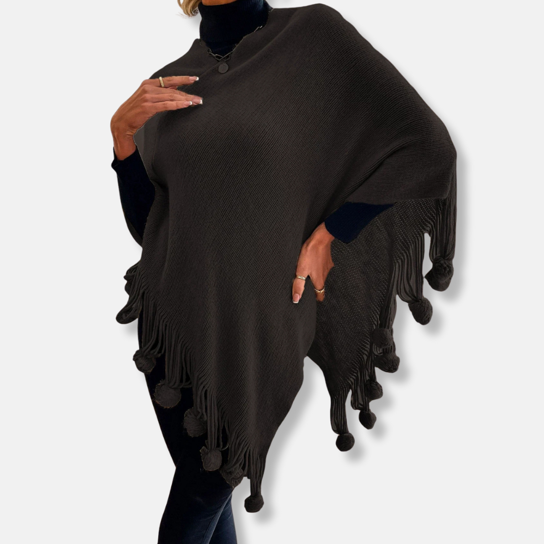 Sienna Relaxed Fit Cape | Fringe Pom-Pom Trim Cape