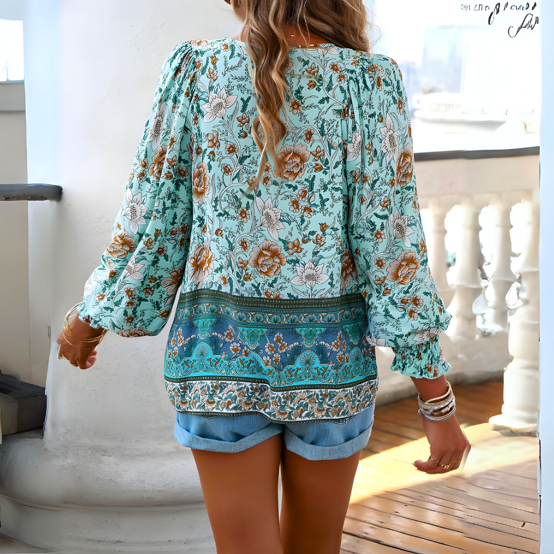 Women's floral tie v-neck long-sleeve top