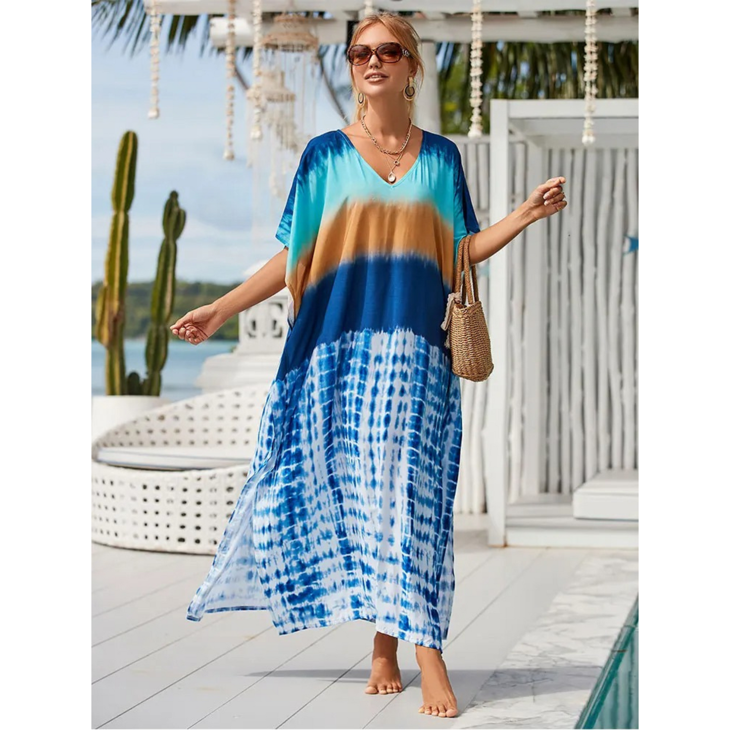 Women's Kaftan - Lightweight Flowy Design - V-Neck Loose Fit Beach Cover-Up