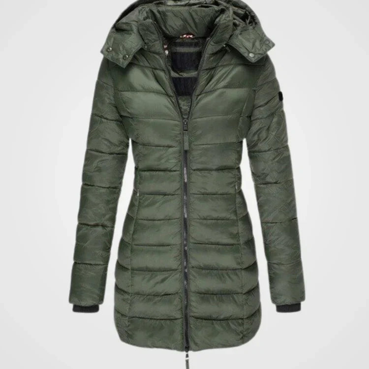 Amelia Long Puffer Jacket | Quilted Hooded Mid-Thigh Jacket