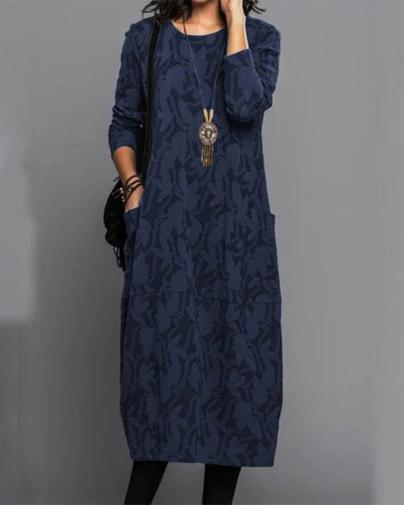 Women's Long-Sleeve Midi Dress - Loose Fit - Round Neck - Casual with Pockets