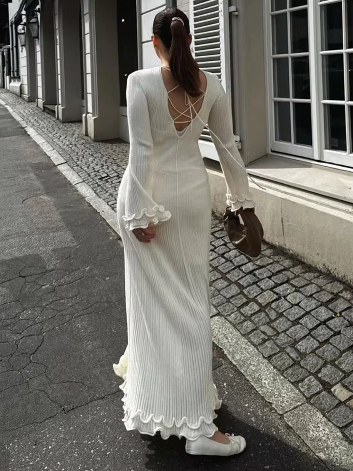 Knitted Maxi Dress for Women with Ruffle Hem