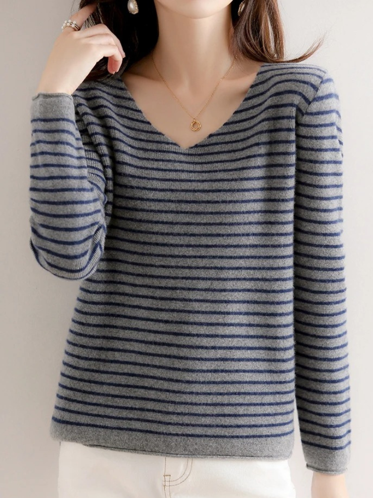 Women's V-Neck Sweater - Soft Knit - Fitted Long Sleeve - Striped Casual Wear